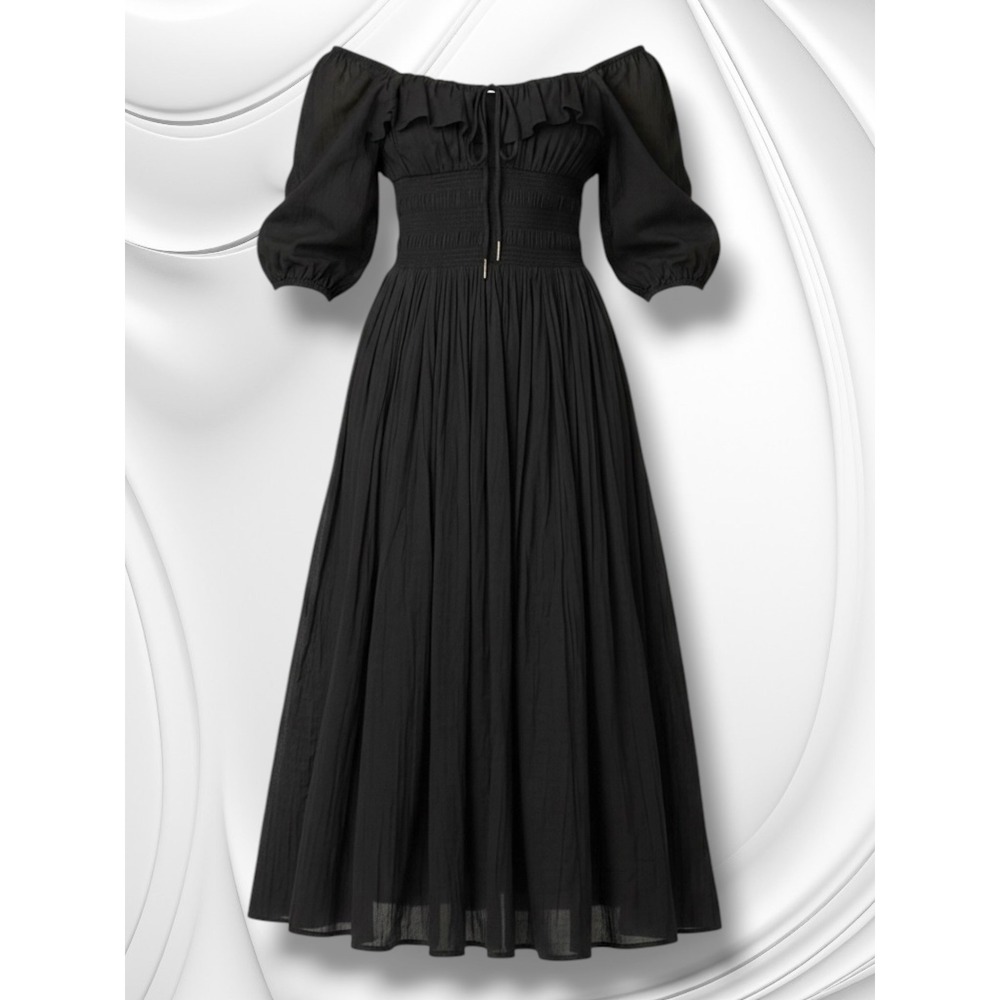 Free People Oasis Smocked Ruffle Cotton Midi Dress Black XS